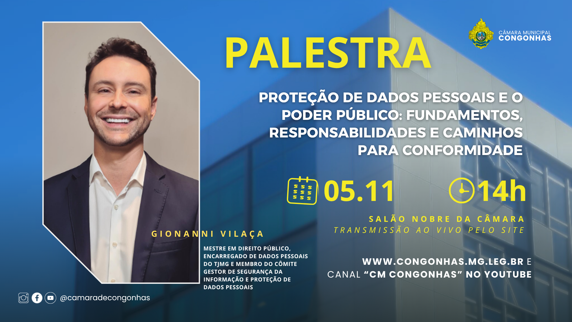 Câmara de Congonhas oferecerá palestra sobre a Lei Geral de Proteção de Dados, no dia 5/11, às 14h
