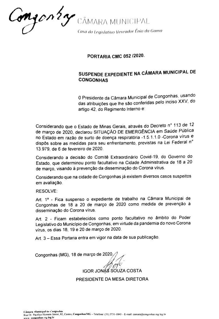 Câmara Municipal suspende o expediente de trabalho como medida de prevenção à disseminação do Corona Vírus