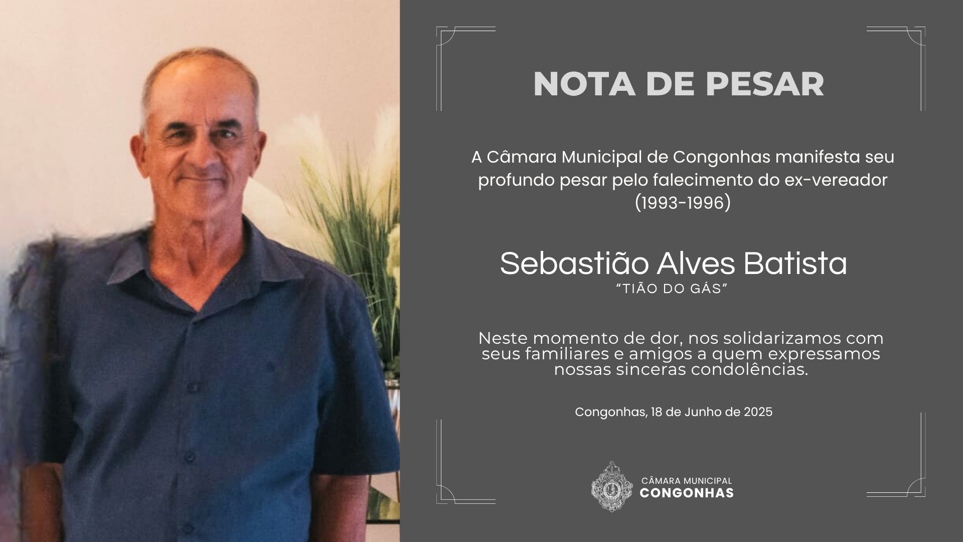 Nota de Pesar - Ex-vereador Sebastião Alves Batista - 12ª Legislatura (1993-1996)