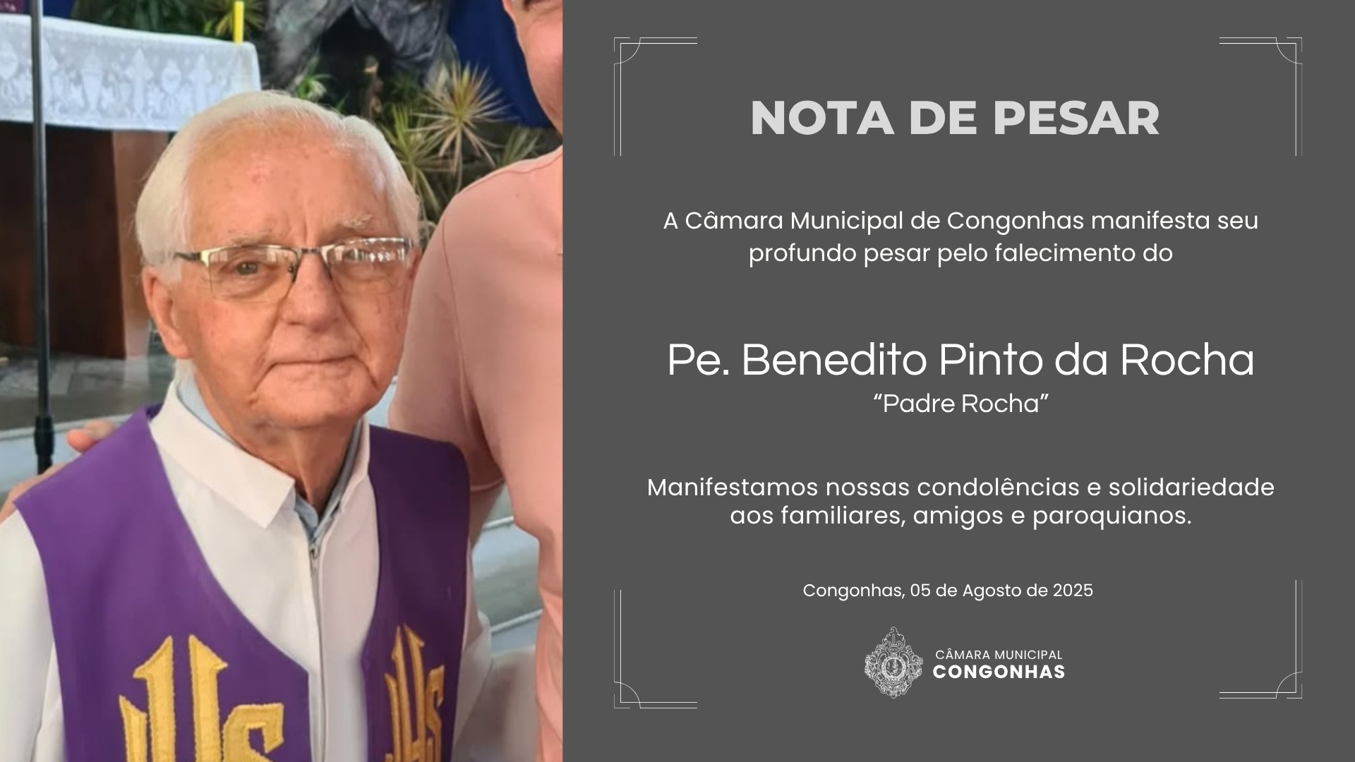 Nota de pesar - Pe. Benedito Pinto da Rocha