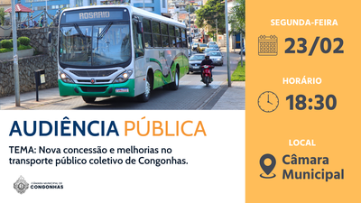 Nova etapa do debate: Audiência Pública discutirá melhorias no transporte coletivo e nova concessão. Dia 23/2, às 18h30.